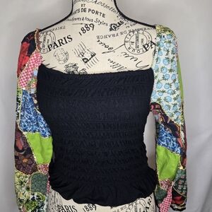 Black Smocked Square-Neck Top with Multicolor Patchwork Long Sleeves